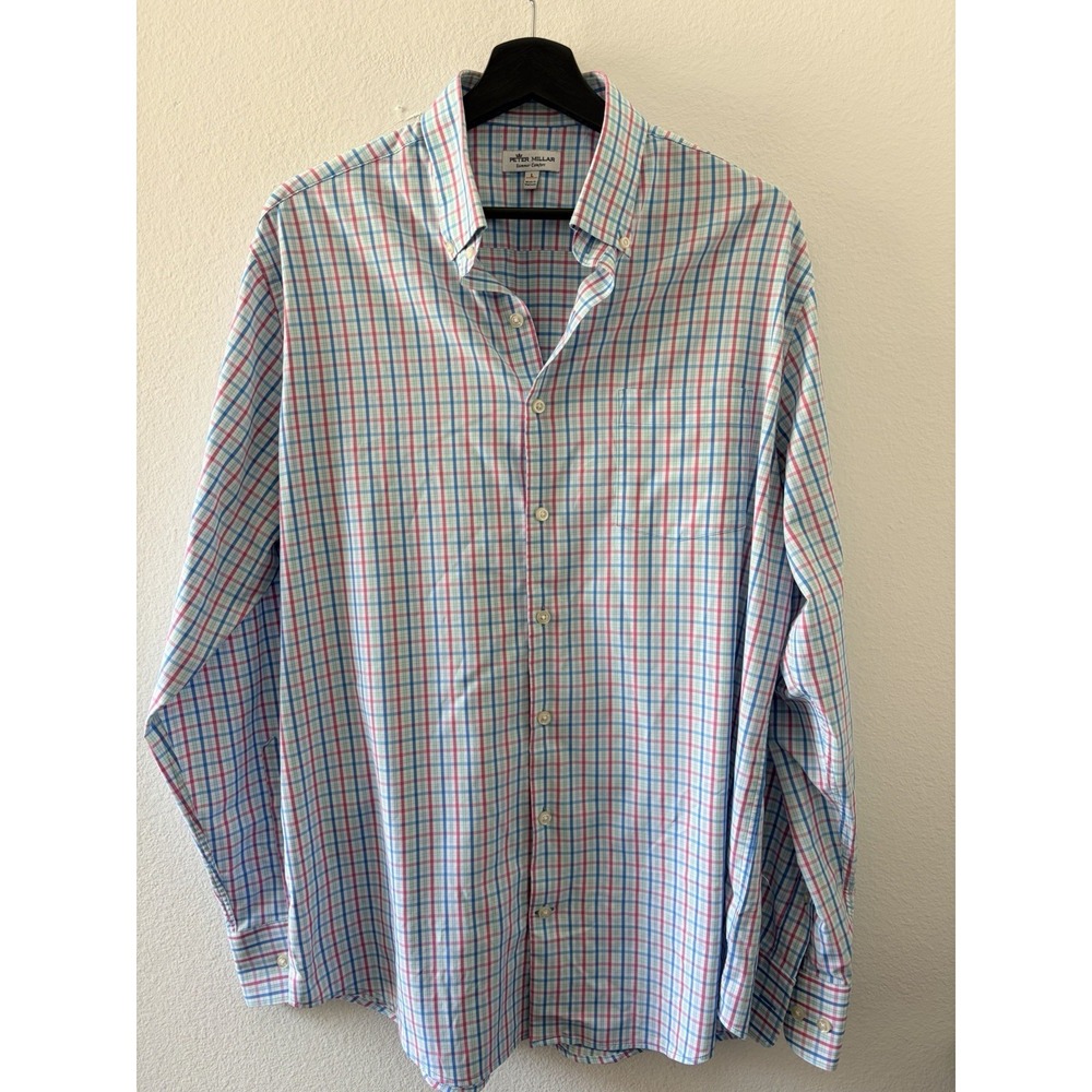 Peter Millar Summer Comfort Dress Shirt Mens Large L Plaid Check Long Sleeve